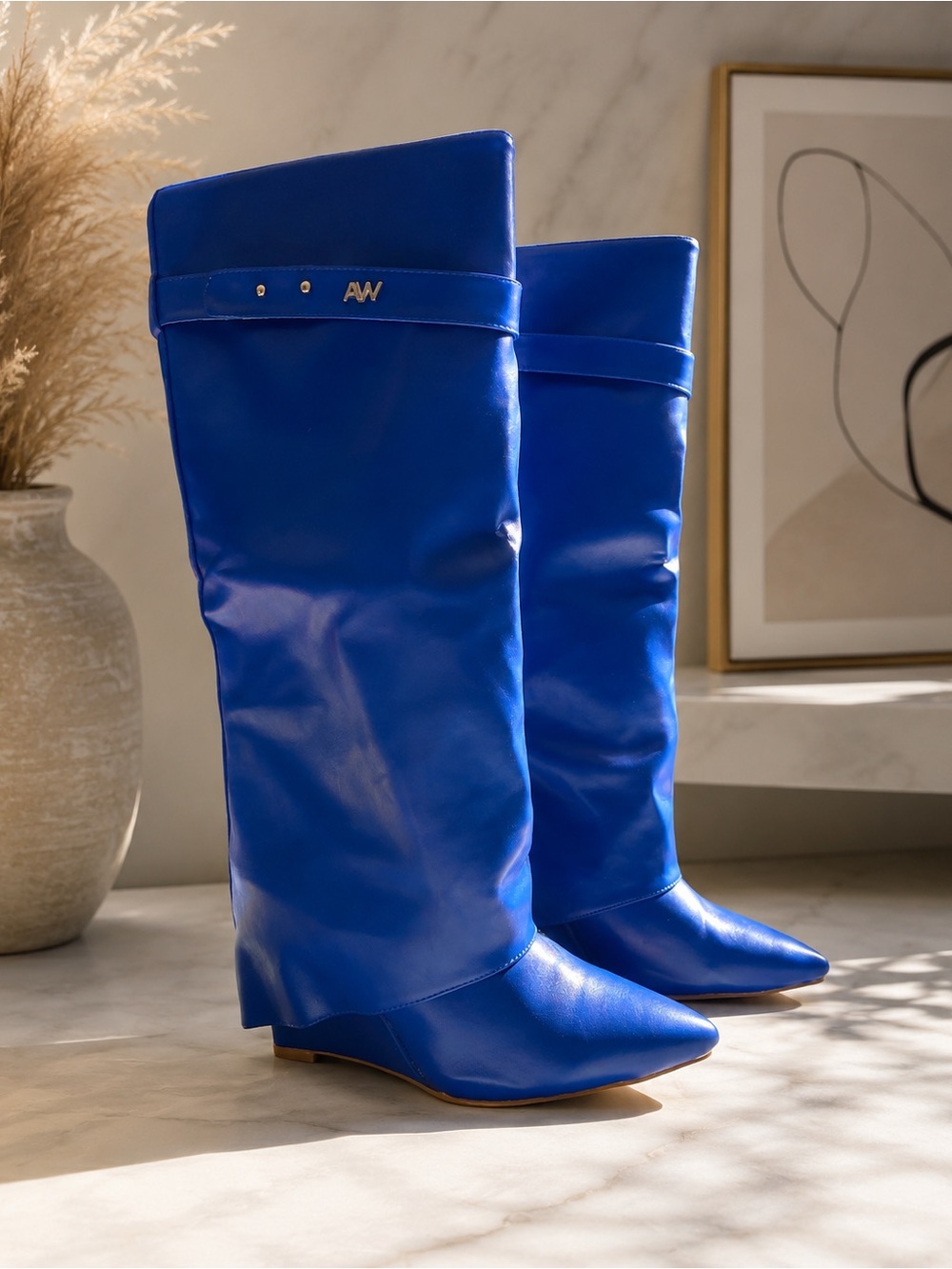 Metallic Accent Tall Leather Boots in Cobalt Blue